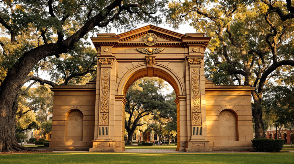Outdoor proscenium arch with Egyptian Revival carvings on a university lawn, surrounded by leafy trees and soft golden light