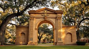 Outdoor proscenium arch with Egyptian Revival carvings on a university lawn, surrounded by leafy trees and soft golden light