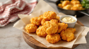 A platter of golden-brown, hand-formed hushpuppies on a wooden board with a small dish of remoulade sauce, set against a softly blurred, neutral kitchen background with a red-and-white checked napkin and cast-iron skillet in the distance.