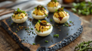 Close-up of six truffle-oil deviled eggs garnished with micro-greens and pickled okra on a slate platter, set on a rustic wooden table with a softly blurred background.
