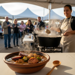 Bowl of steaming chicken and sausage gumbo with okra on a table at an outdoor Baton Rouge fall cook-off, as a server ladles gumbo from a large pot and attendees hold tasting cups in the background