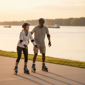 Couple rollerblading at sunset on a smooth riverfront levee, wearing helmets and wrist guards, with a wide river and distant barge glowing in warm golden light.