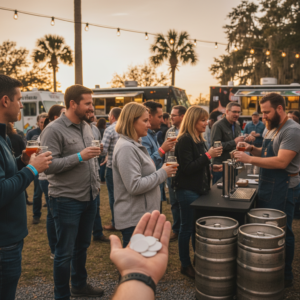 Guests sample craft beer at an outdoor Baton Rouge festival, holding tasting glasses and wearing wristbands while a hand shows drink tokens near beer taps and kegs at sunset.