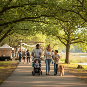 Family with a stroller and leashed dog walking along a shaded park path toward an Earth Day festival area with tents in the background in Baton Rouge, Louisiana