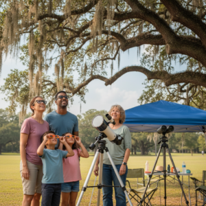 Family with two children and a volunteer safely viewing the Sun in a Baton Rouge–style park; kids wear eclipse glasses while a refractor telescope with a front-mounted solar filter and tripod binoculars sit under live oaks draped in Spanish moss.