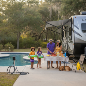 Family with two kids at a Louisiana RV resort near Baton Rouge, children holding float rings by a resort-style pool and lazy river, parents prepping boiled crawfish at a picnic table, travel trailer under awning, dog resting, Spanish moss oaks at golden hour.