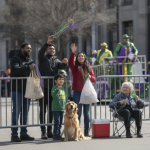 Family behind parade barricade catches Mardi Gras beads while holding cleanup bags; a golden retriever sits beside a cooler and an older woman watches from a folding chair.