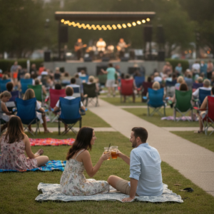 Couple toasting drinks on a blanket while a crowd relaxes in lawn chairs facing a live music stage at an outdoor downtown Baton Rouge concert.